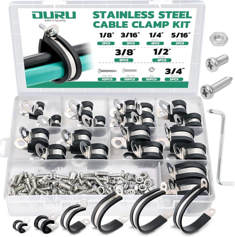 ORU 50PCS Cable Clamps with Screws Assortment Kit 304 Stainless Steel Rubber Coated Cushioned Insulated Cable Clamp,Automotive Wire Pipe Clamps 7 Sizes—1/8" 3/16" 1/4" 5/16" 3/8" 1/2" 3/4" - Image 1